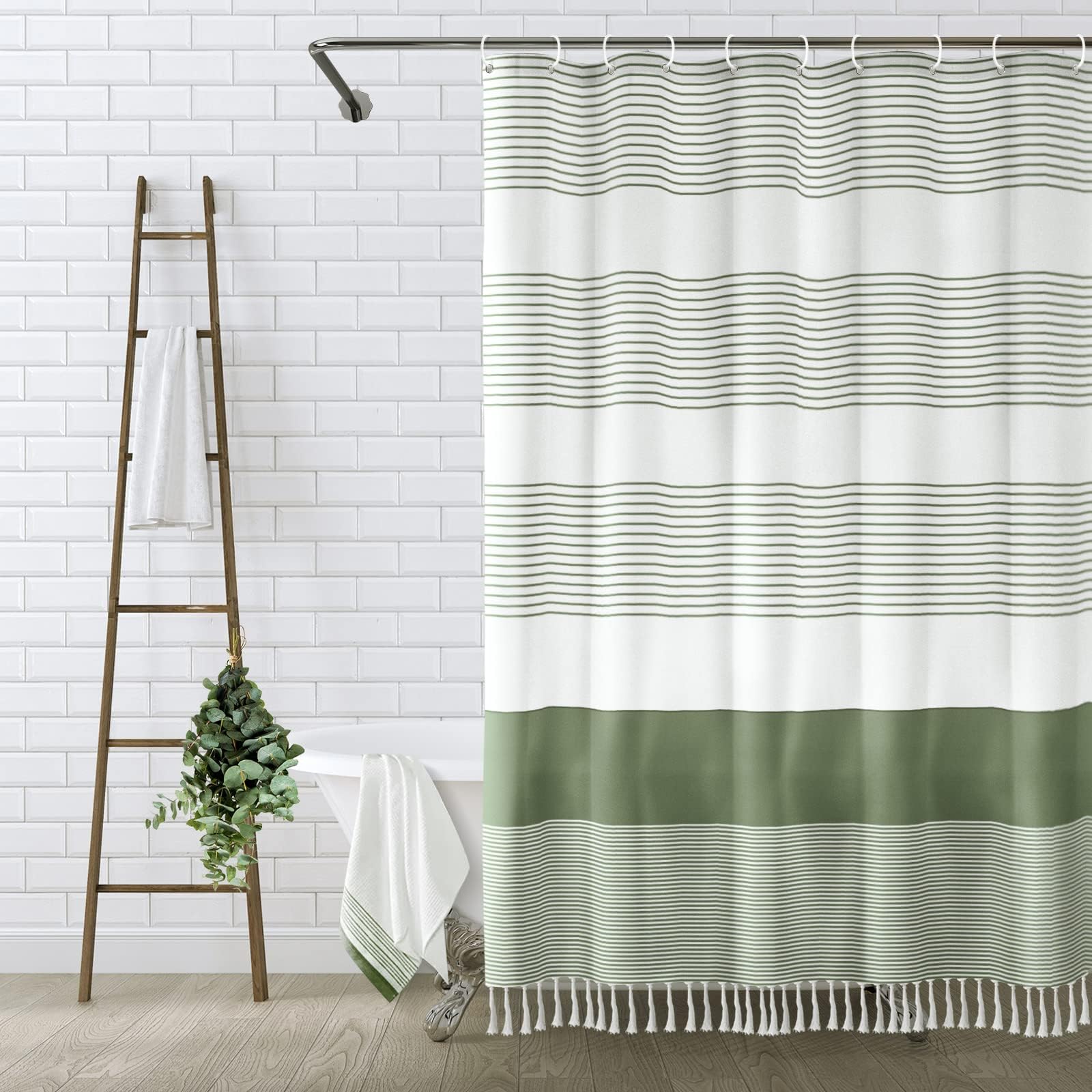 Awellife Sage Green Shower Curtain For Bathroom Stripe Tassel Shower Curtain 84 X 72 Inches Farmhouse Linen Wide